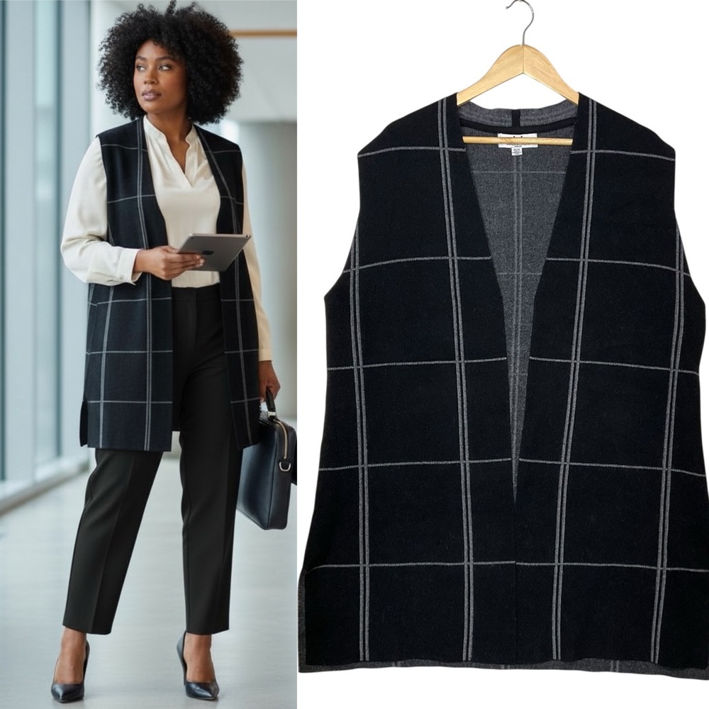 MAGACHONI sz 1X Long Sweater Vest Open Window Pane Plaid Charcoal Black